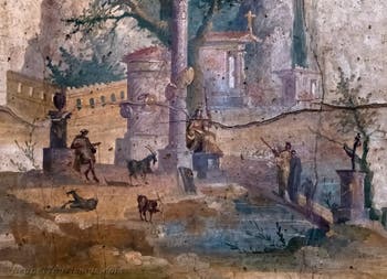Wandgemälde Idyllische und heilige Landschaft, Boscoreale, Villa di Agrippa, Archäologisches Museum von Neapel