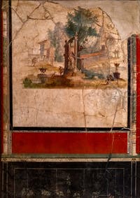 Wandgemälde Idyllische und heilige Landschaft, Boscoreale, Villa di Agrippa, Archäologisches Museum von Neapel