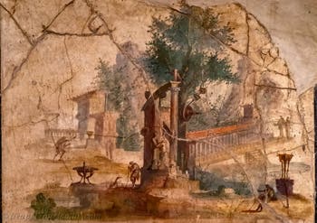 Wandgemälde Idyllische und heilige Landschaft, Boscoreale, Villa di Agrippa, Archäologisches Museum von Neapel