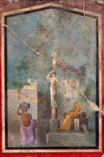 Wandgemälde Idyllische und heilige Landschaft, Pompeji, Archäologisches Museum von Neapel