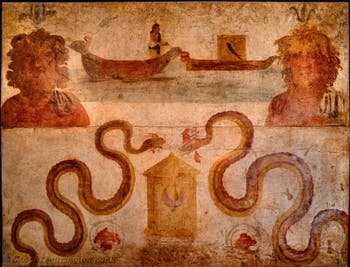 Fresko Isis zieht das Boot mit dem Leichnam des Osiris, Pompeji, Tempio di Iside, Archäologisches Museum Neapel