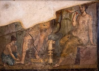 Fresque Kleidung eines Lyraspielers, Achilleus und die Töchter des Lykomedes, Pompeji, Casa di Meleagro, Archäologisches Museum Neapel