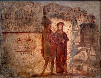 Fresque Enseigne de magasin et inscriptions électorales, Pompéi, Musée Archéologique de Naples