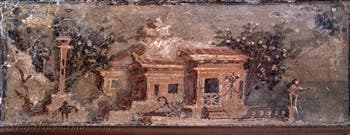 Wandgemälde mit Landschaft und zwei Tempeln, Herculaneum, Archäologisches Museum von Neapel