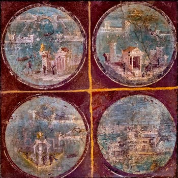 Wandgemälde mit Medaillons, die Meereslandschaften darstellen, Stabiae, Villa St Markus, Archäologisches Museum von Neapel