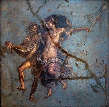 Wandgemälde Mänade und Satyr im Flug, Pompeji, Casa dei Dioskuren, Archäologisches Museum von Neapel