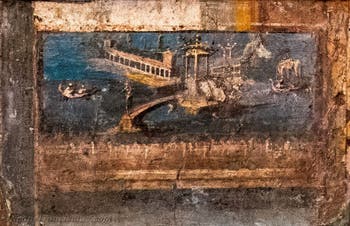 Wandgemälde mit architektonischen und maritimen Motiven, Pompeji, Archäologisches Museum von Neapel