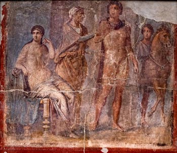 Wandgemälde, Phaidra auf einem Thron und Hippolytos, Herculaneum, Archäologisches Museum von Neapel