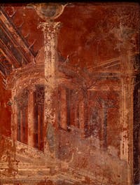 Wandgemälde: Rundtempel auf rotem Hintergrund, Herculaneum, Augusteum, Archäologisches Museum von Neapel