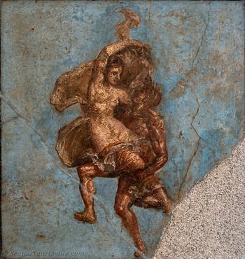 Wandgemälde Satyr und Mänade im Flug, Pompeji, Casa dei Dioskuren, Archäologisches Museum von Neapel