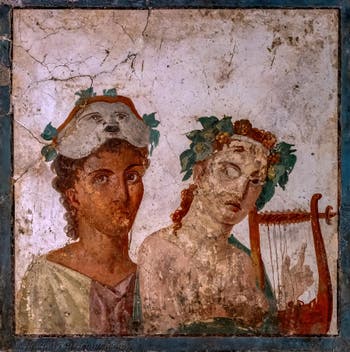 Fresko Schauspieler und Zitherspielerin, Herculaneum, Basilica-Teatro, Archäologisches Museum von Neapel