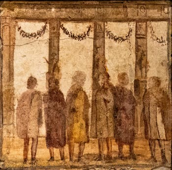 Fresko Begegnung zwischen Parfümeuren, Pompeji, Praedia di Giulia Felice, Archäologisches Museum Neapel