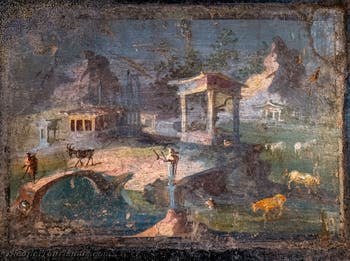 Wandgemälde Ländliche und sakrale Landschaft, Pompeji, Archäologisches Museum von Neapel