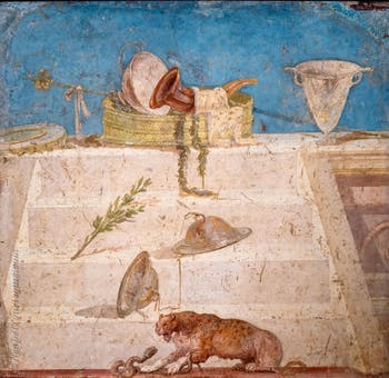 Wandgemälde mit Symbolen des Dionysos-Kultes, Pompeji, Praedia di Giulia Felice, Archäologisches Museum von Neapel