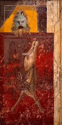 Fresko Maske eines Satyr und Hasen, Pompeji, Insula Occidentalis, Archäologisches Museum Neapel