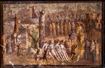Wandgemälde Das Trojanische Pferd, Pompeji, Casa di Cipius Pamphilus, Archäologisches Museum von Neapel
