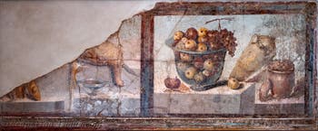 Wandgemälde Stillleben, Pompeji, Praeda di Giulia Felice, Archäologisches Museum Neapel