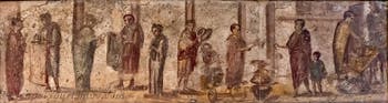 Fresque Vente de tissus, pots, casseroles et pain, Pompéi, Praedia di Giulia Felice, Musée Archéologique de Naples