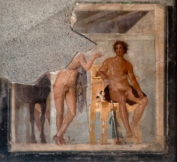 Fresko Zwei Helden, Achilleus und Patroklos, Herculaneum, Palestra, Archäologisches Museum Neapel